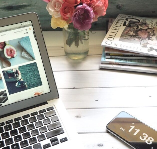 MacBook flowers iPhone wood desk