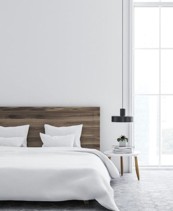 minimal bedroom large window wood headboard
