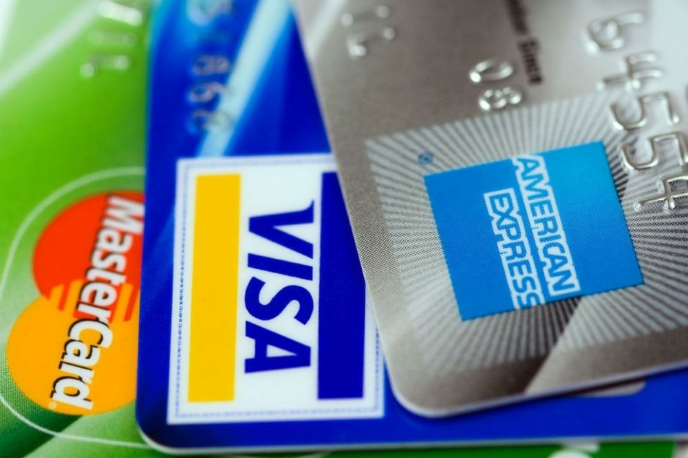 closeup of three major credit cards