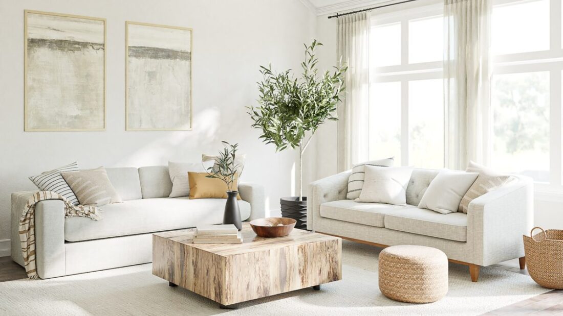 neutral living room muted colors wood coffee table