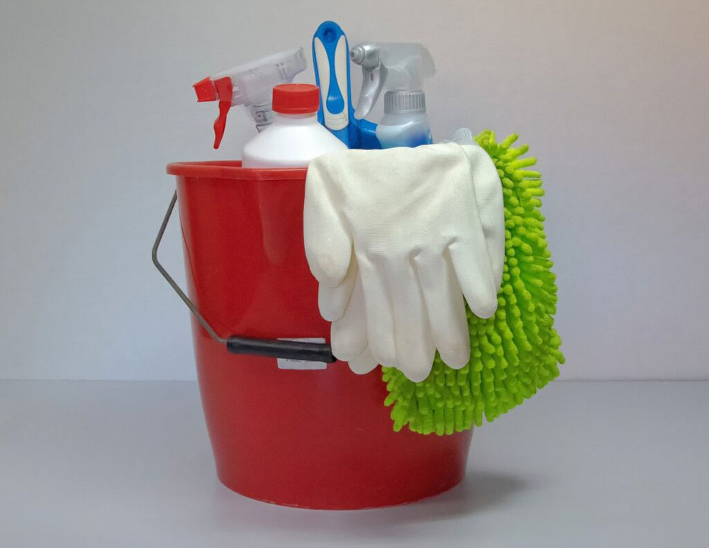 deep cleaning supplies - bucket, gloves, disinfectant