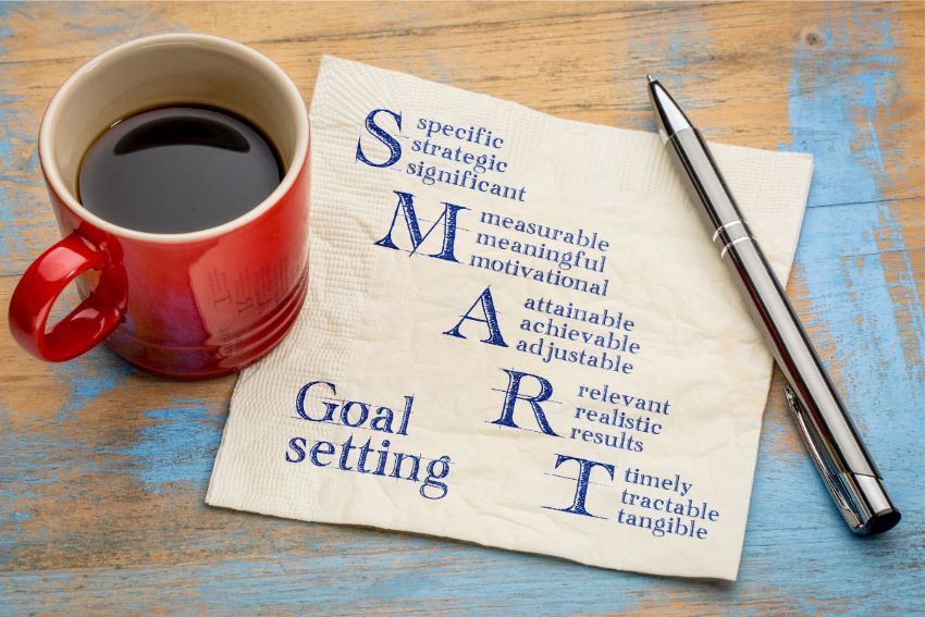 smart goals napkin pen coffee cup