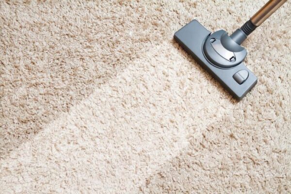 A vacuum cleaner cleaning a diagonal streak of carpet, leaving it a lighter shade of brown than the rest of the carpet.