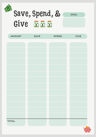 Save, Spend, Give - green printable