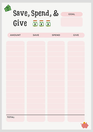 Save, Spend, Give - pink printable