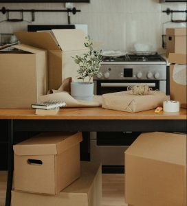 moving boxes in kitchen