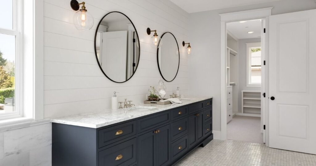 Luxury Bathroom Dark Blue Cabinets Marble Countertop