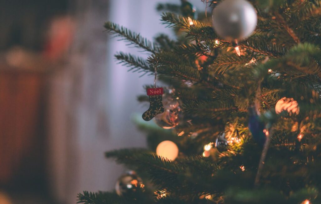 A close-up picture of a Christmas tree with ornaments hanging on the branches. 
