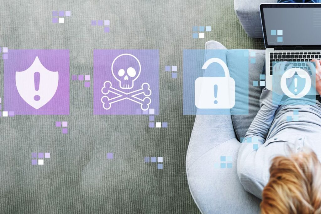 A woman on her laptop with icons representing scams overlaying the picture. 